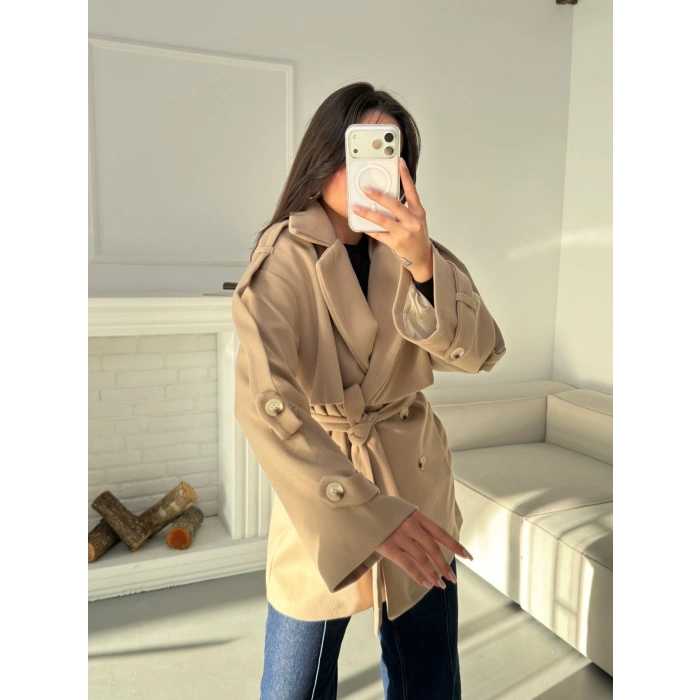 Kuşaklı Kaşe Trençkot - BEJ