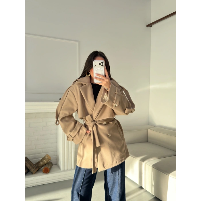 Kuşaklı Kaşe Trençkot - BEJ
