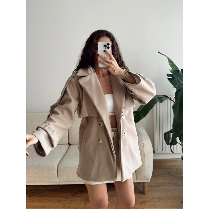 Kuşaklı Kaşe Trençkot - BEJ