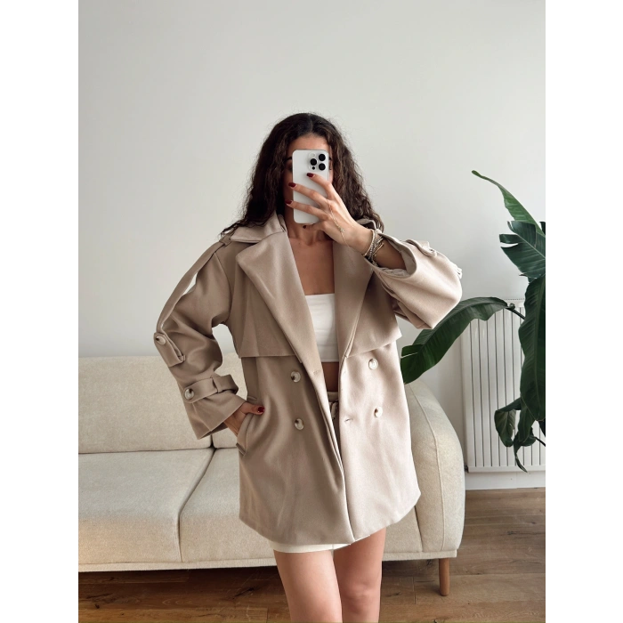 Kuşaklı Kaşe Trençkot - BEJ