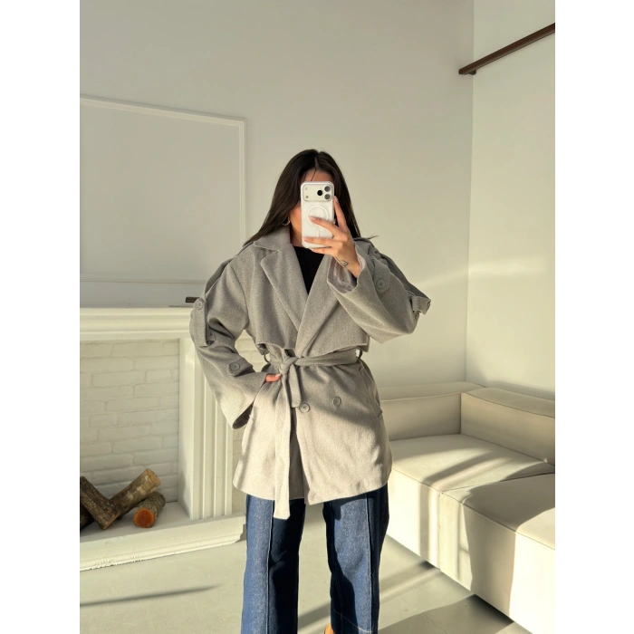 Kuşaklı Kaşe Trençkot - GRİ