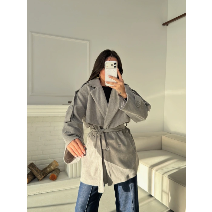 Kuşaklı Kaşe Trençkot - GRİ