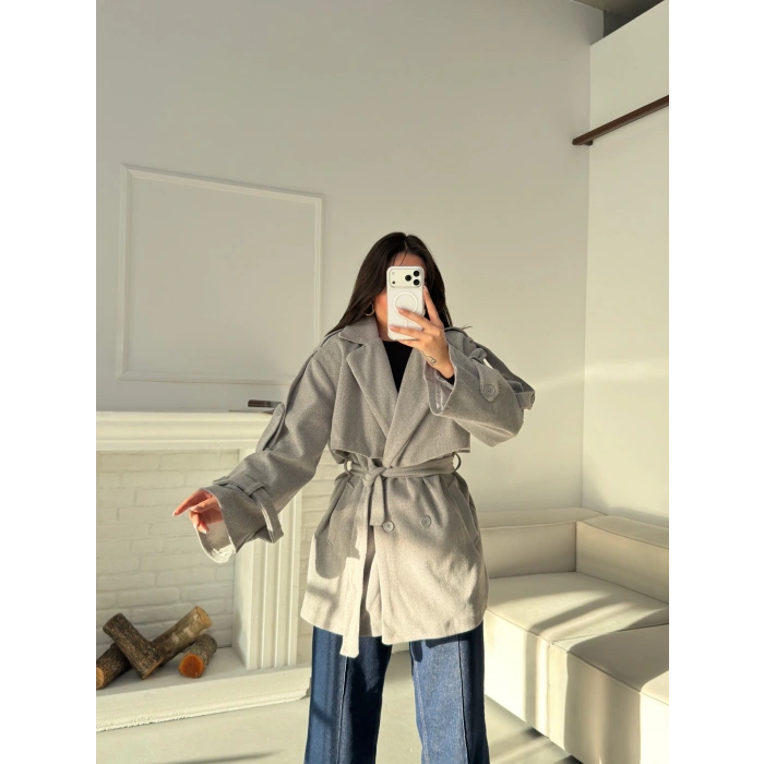 Kuşaklı Kaşe Trençkot - GRİ