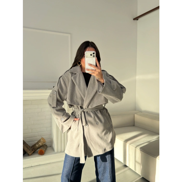 Kuşaklı Kaşe Trençkot - GRİ