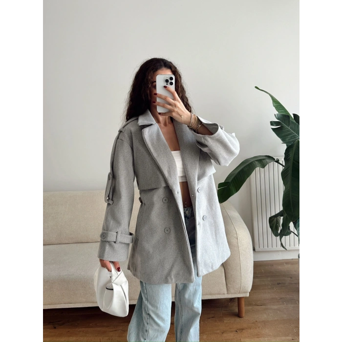 Kuşaklı Kaşe Trençkot - GRİ