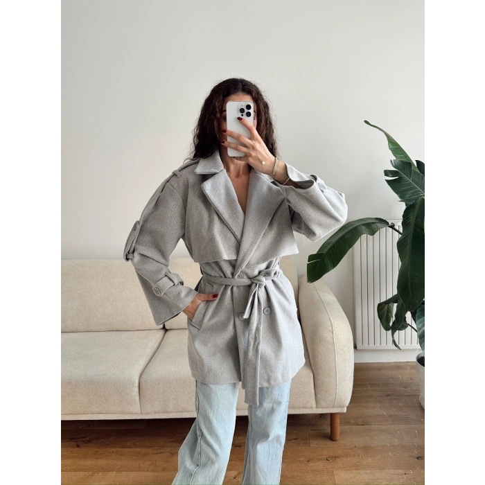 Kuşaklı Kaşe Trençkot - GRİ