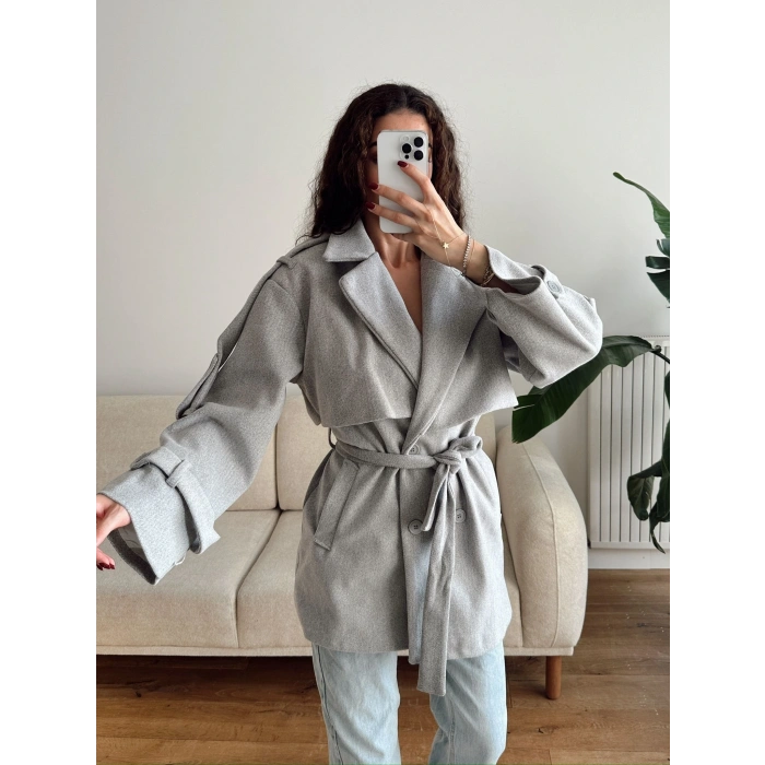 Kuşaklı Kaşe Trençkot - GRİ