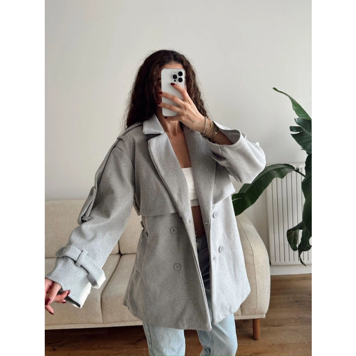 Kuşaklı Kaşe Trençkot - GRİ