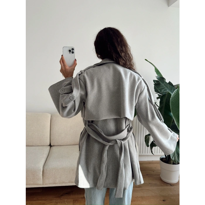 Kuşaklı Kaşe Trençkot - GRİ