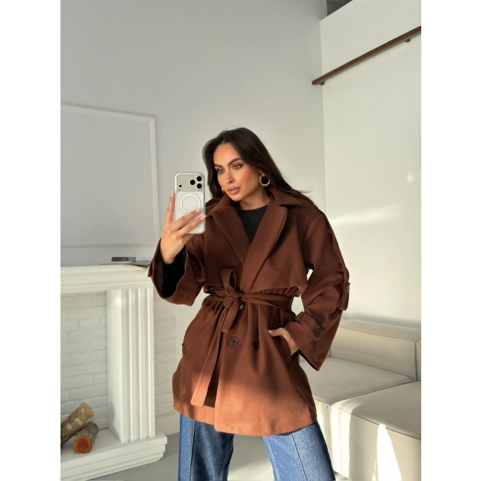Kuşaklı Kaşe Trençkot - KAHVE