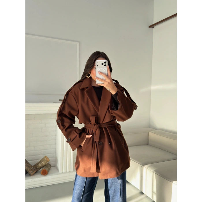 Kuşaklı Kaşe Trençkot - KAHVE