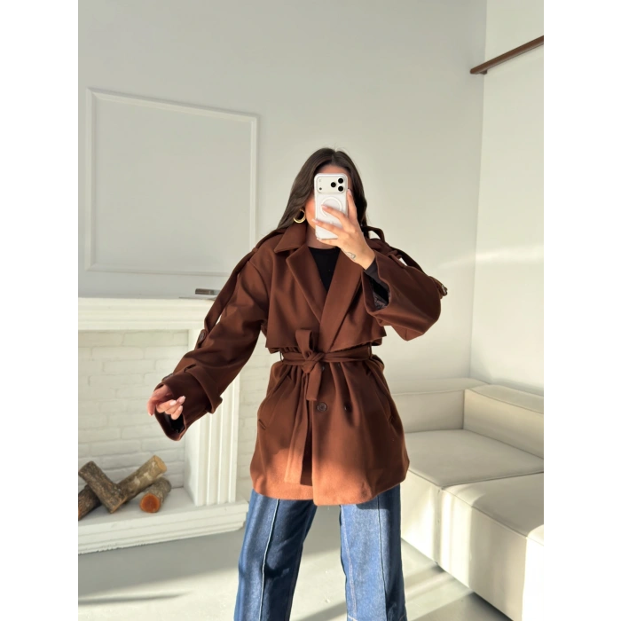 Kuşaklı Kaşe Trençkot - KAHVE