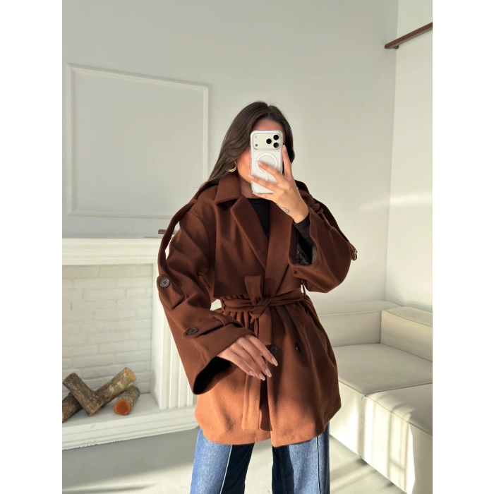 Kuşaklı Kaşe Trençkot - KAHVE
