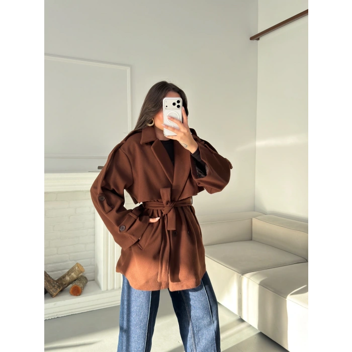 Kuşaklı Kaşe Trençkot - KAHVE