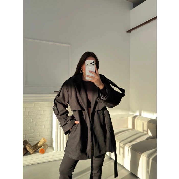 Kuşaklı Kaşe Trençkot - SİYAH