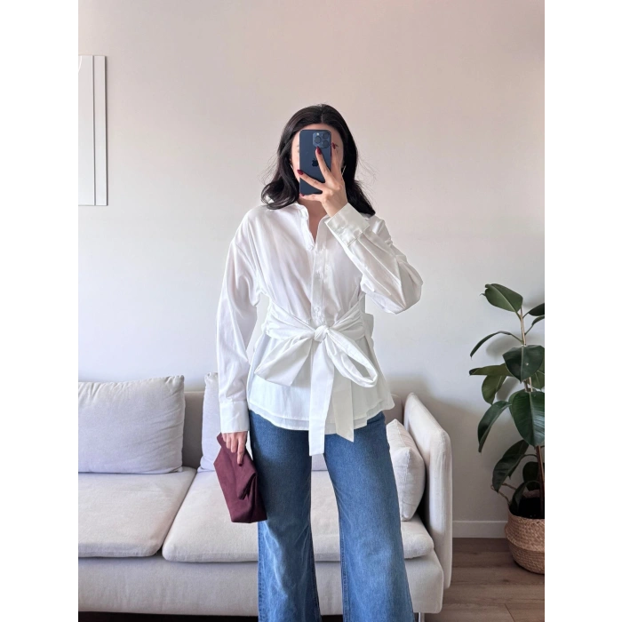 Kuşaklı Oversize Gömlek - BEYAZ