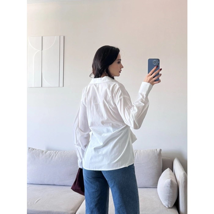 Kuşaklı Oversize Gömlek - BEYAZ