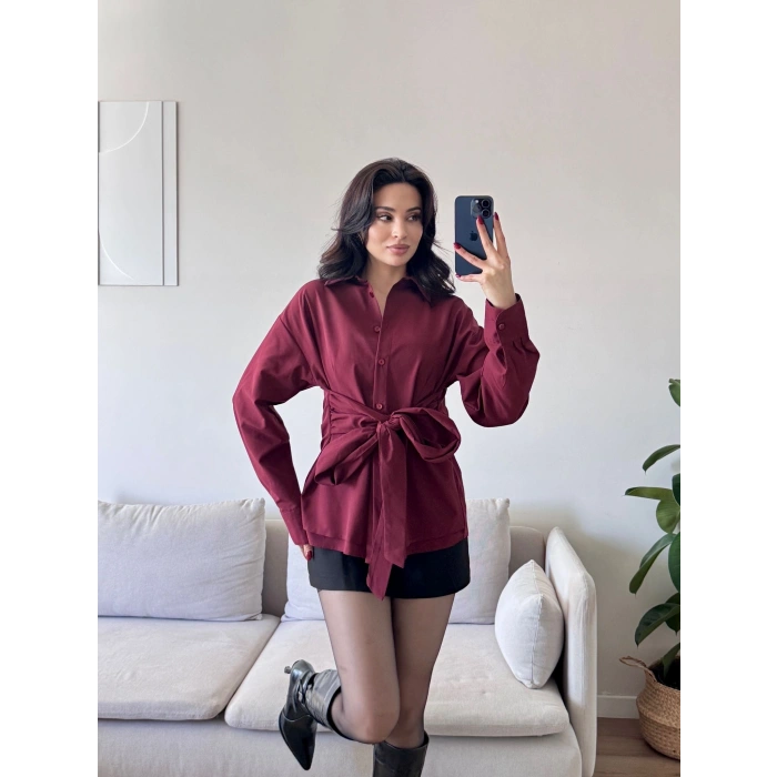 Kuşaklı Oversize Gömlek - BORDO
