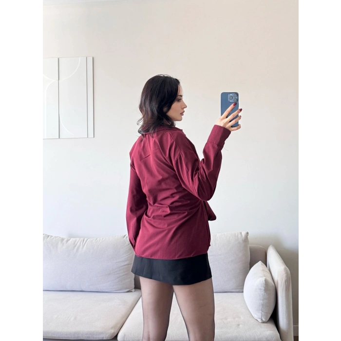 Kuşaklı Oversize Gömlek - BORDO