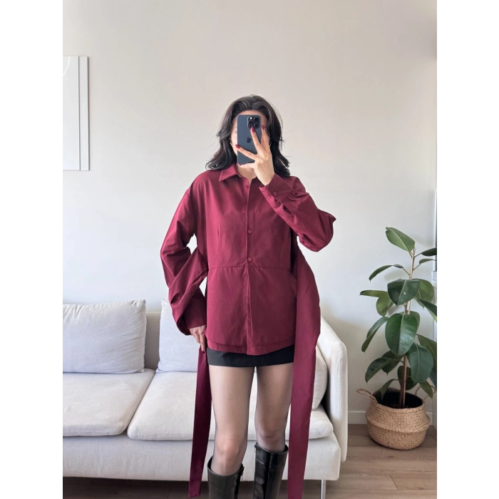 Kuşaklı Oversize Gömlek - BORDO