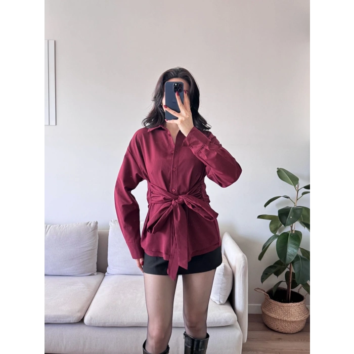 Kuşaklı Oversize Gömlek - BORDO