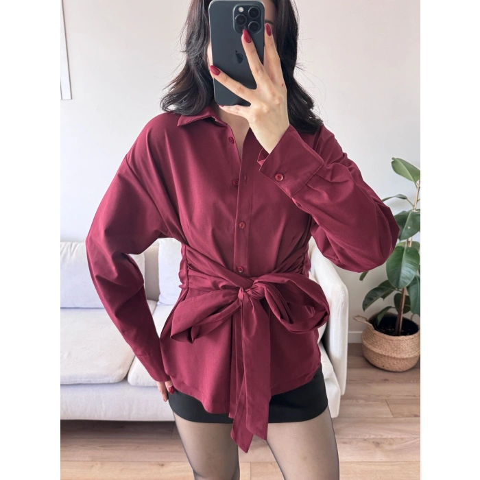 Kuşaklı Oversize Gömlek - BORDO