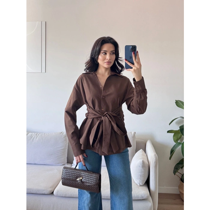 Kuşaklı Oversize Gömlek - KAHVE