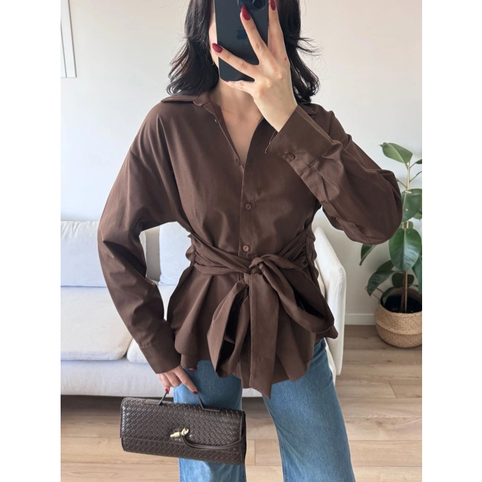Kuşaklı Oversize Gömlek - KAHVE