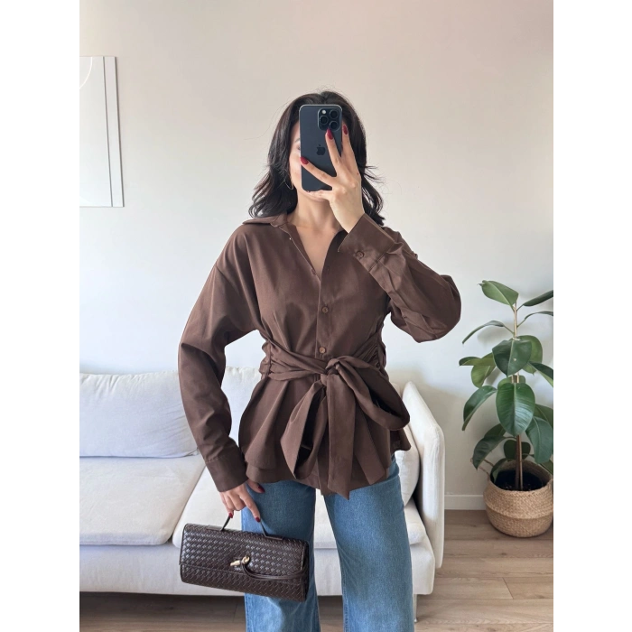 Kuşaklı Oversize Gömlek - KAHVE