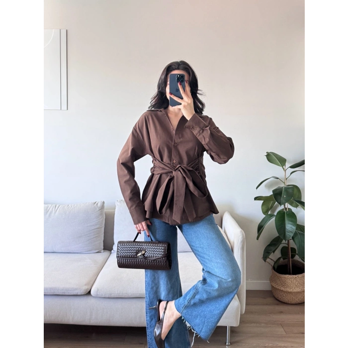 Kuşaklı Oversize Gömlek - KAHVE