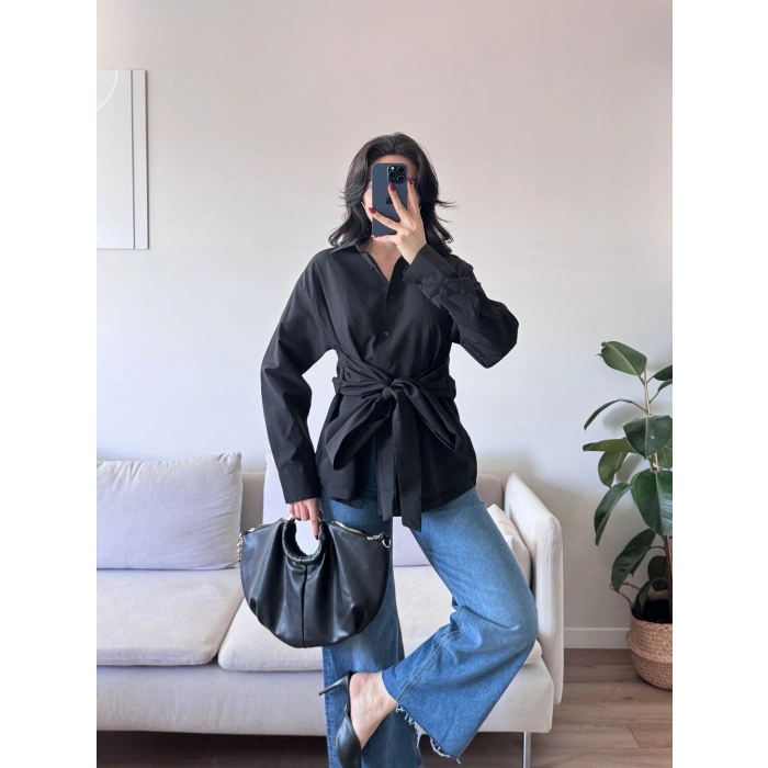Kuşaklı Oversize Gömlek - SİYAH