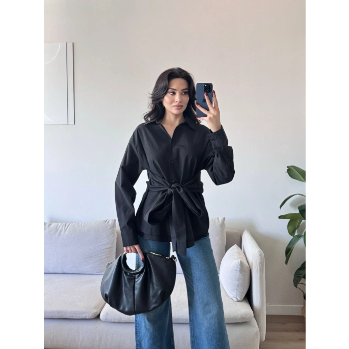 Kuşaklı Oversize Gömlek - SİYAH