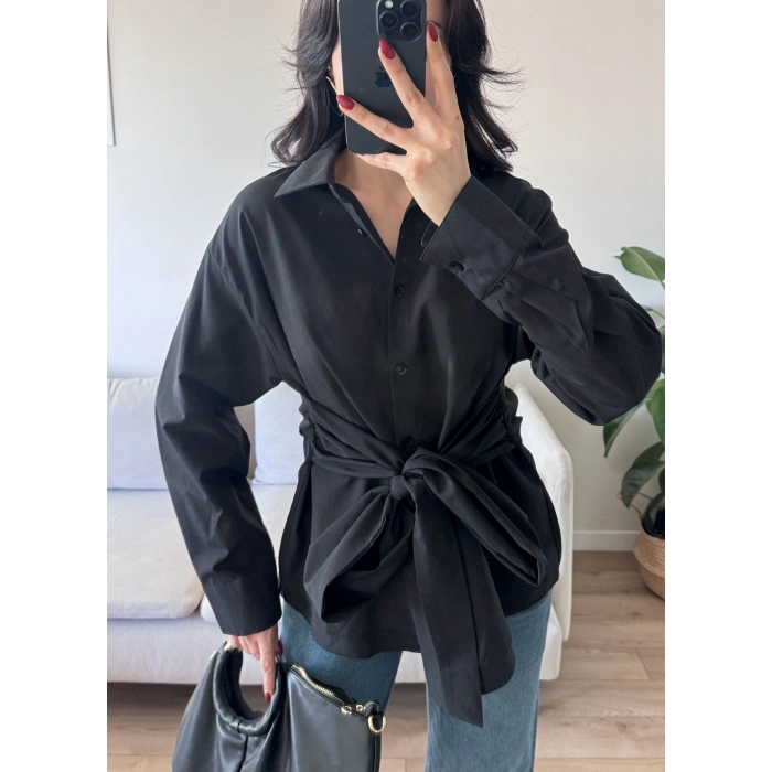 Kuşaklı Oversize Gömlek - SİYAH