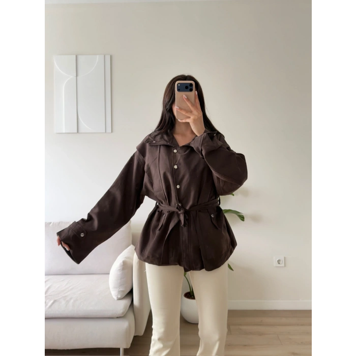 Kuşaklı Oversize Trenç - KAHVE