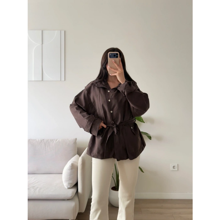Kuşaklı Oversize Trenç - KAHVE