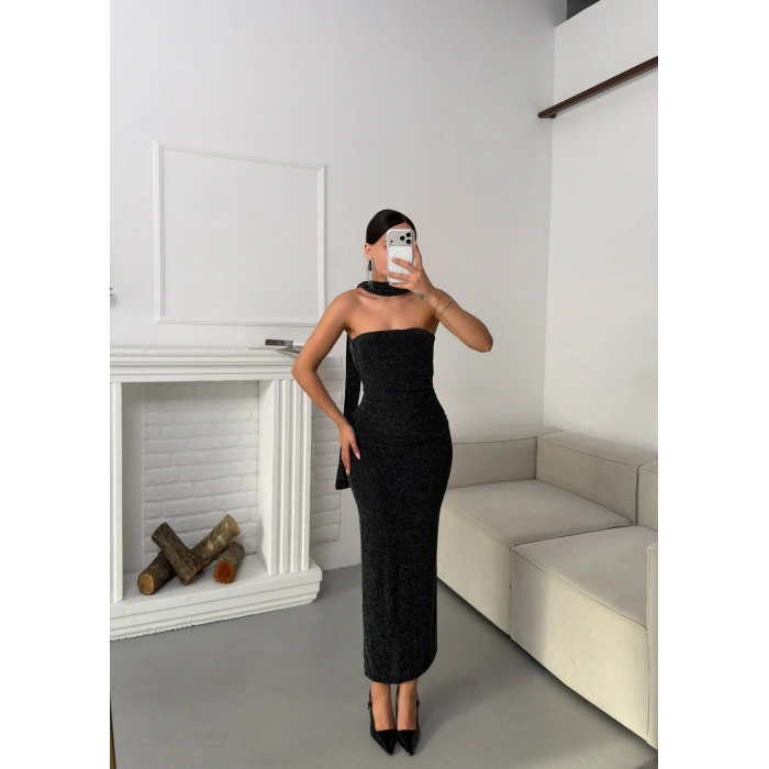 Kuşaklı Straplez Simli Elbise