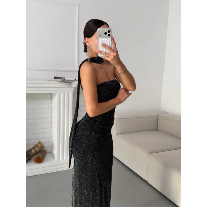 Kuşaklı Straplez Simli Elbise