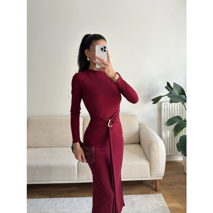 Kuşaklı Toka Detay Elbise - BORDO