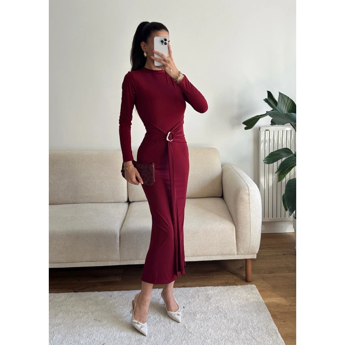 Kuşaklı Toka Detay Elbise - BORDO
