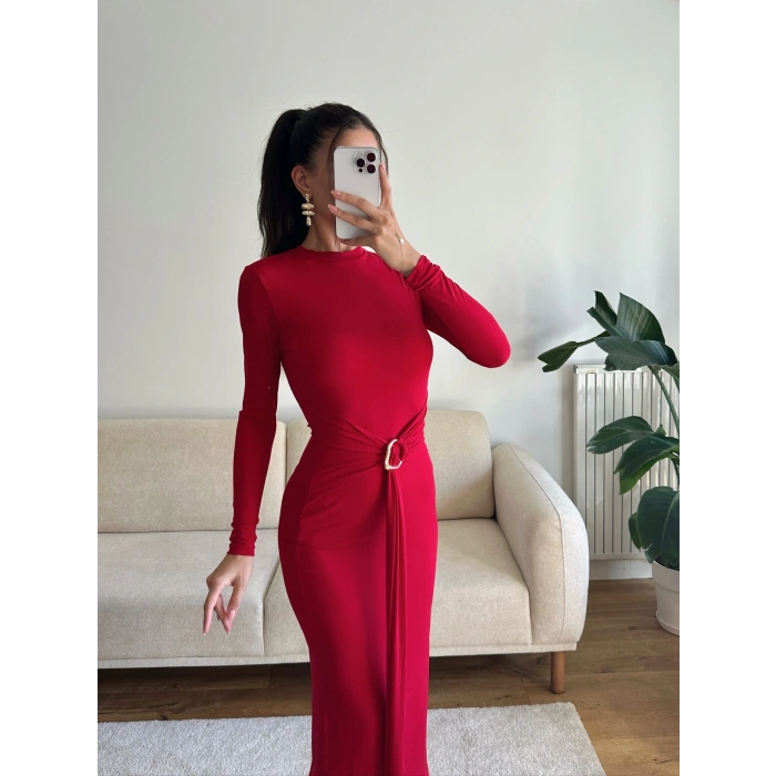 Kuşaklı Toka Detay Elbise - KIRMIZI