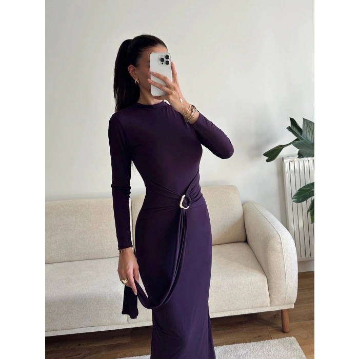 Kuşaklı Toka Detay Elbise - MOR