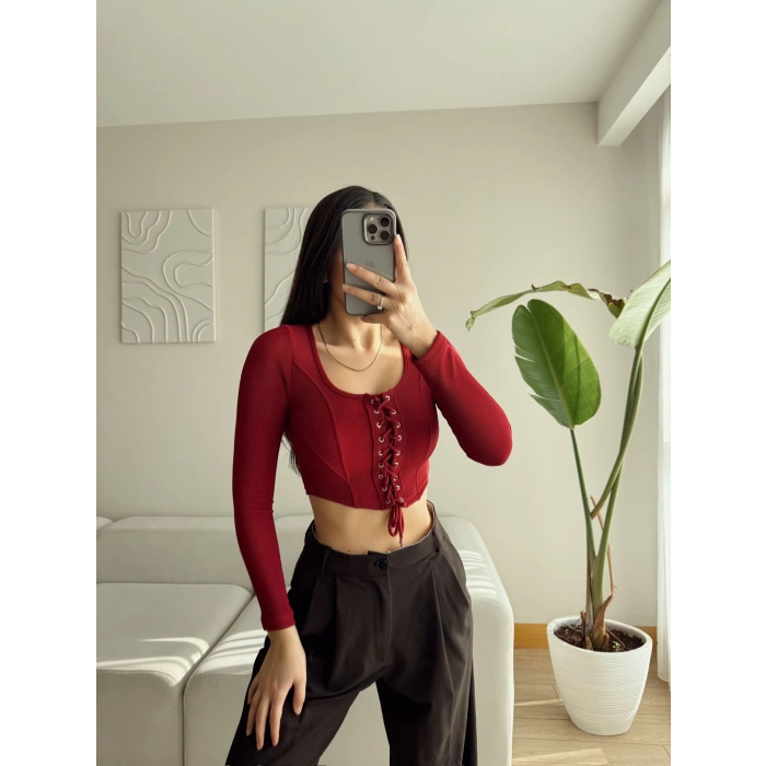 Kuşgözü Crop Bluz - BORDO