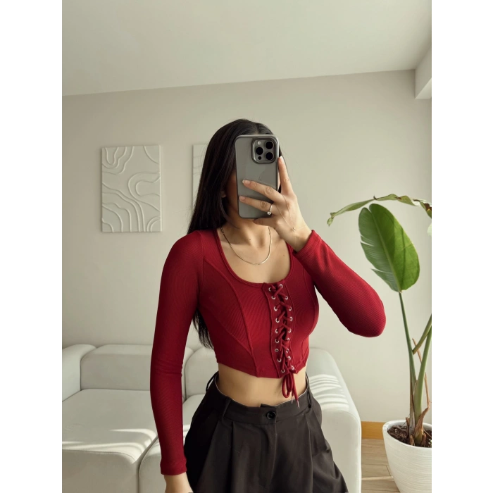 Kuşgözü Crop Bluz - BORDO