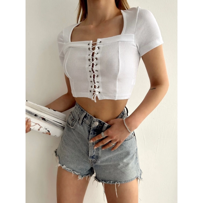 Kuşgözü Kaşkorse Crop T-shirt-BEYAZ