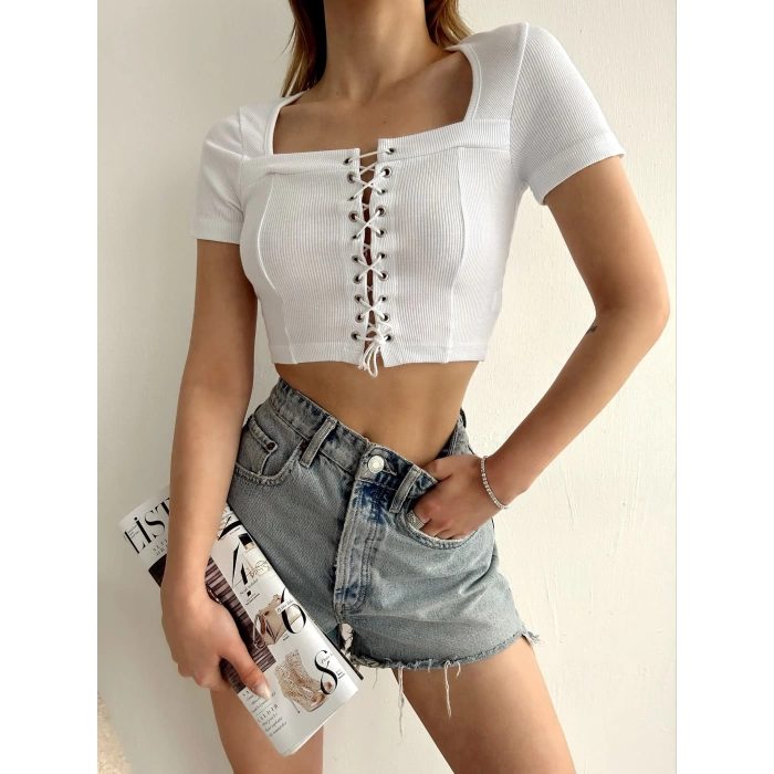 Kuşgözü Kaşkorse Crop T-shirt-BEYAZ
