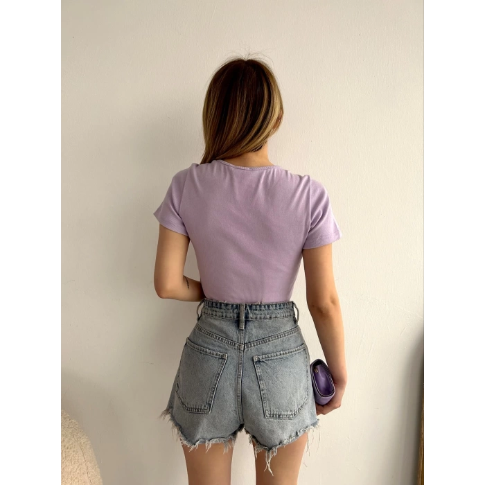 Kuşgözü Kaşkorse Crop T-shirt-LİLA