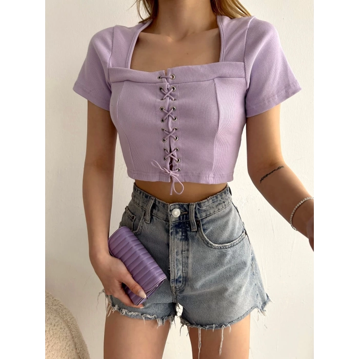 Kuşgözü Kaşkorse Crop T-shirt-LİLA