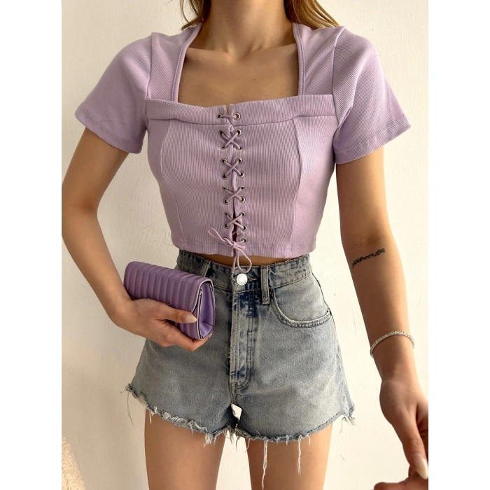 Kuşgözü Kaşkorse Crop T-shirt-LİLA