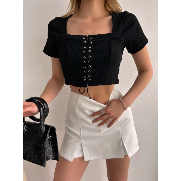 Kuşgözü Kaşkorse Crop T-shirt-SİYAH