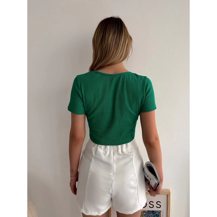 Kuşgözü Kaşkorse Crop T-shirt-YEŞİL